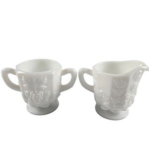 Vintage Westmoreland Milk Glass Paneled Grape Creamer & Sugar Bowl Set